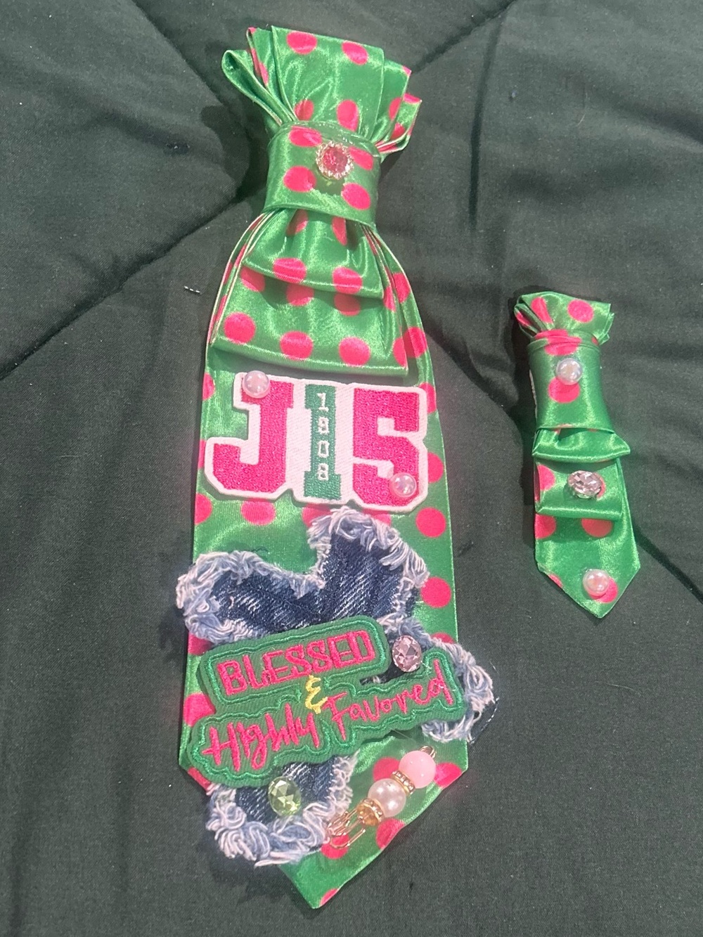 Green Satin Polka Dot Sorority Brooch Tie with Pink Rosette and Floral Pin